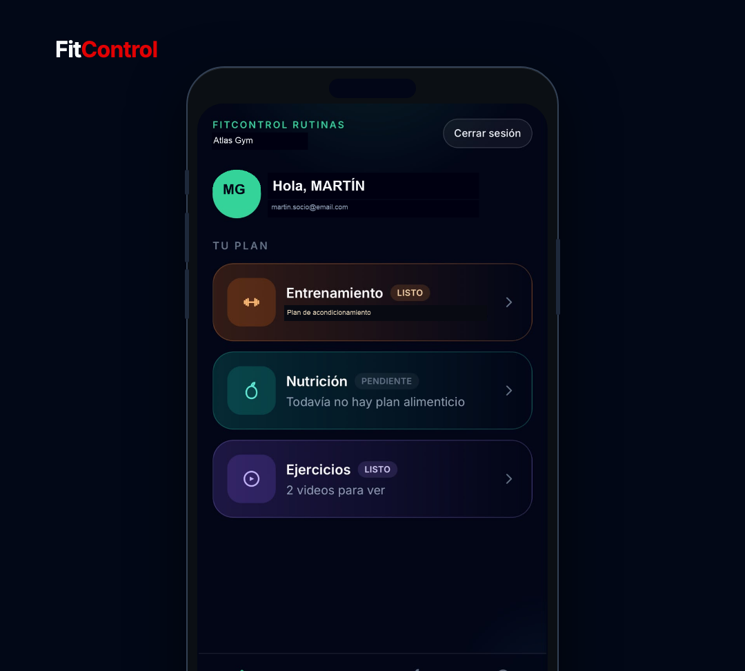 Portal de rutinas FitControl en el celular del socio